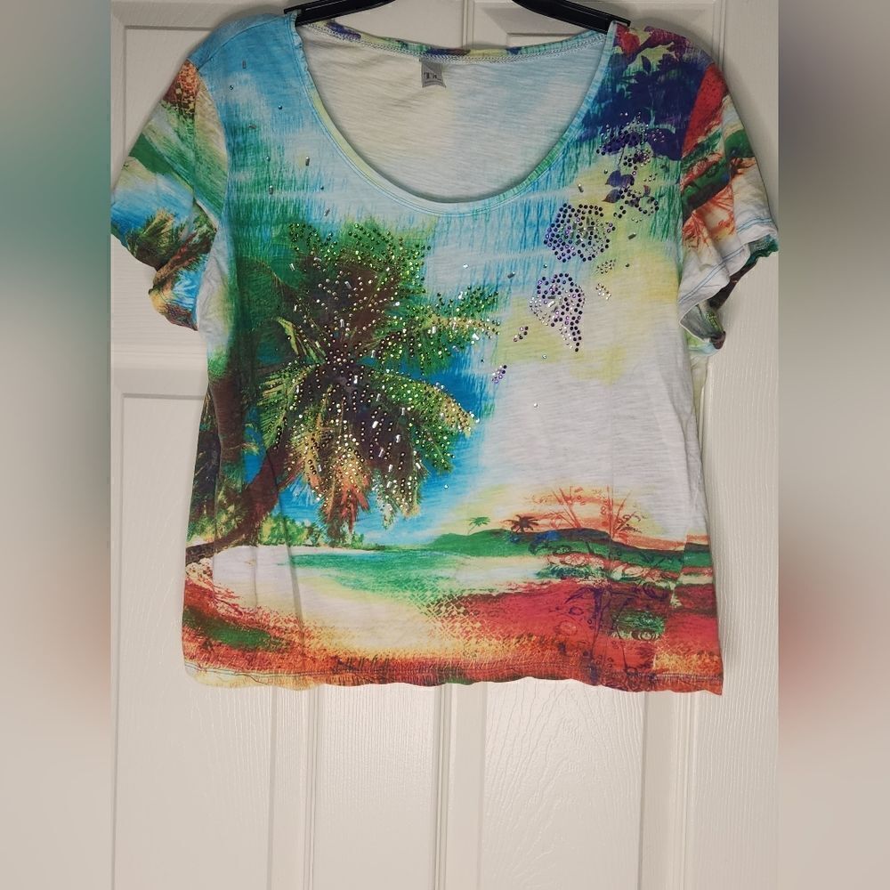 Thomas&Olivia XL Multicolored Beach Print Shrtsl Beaded 100% Cotton Women’s Top